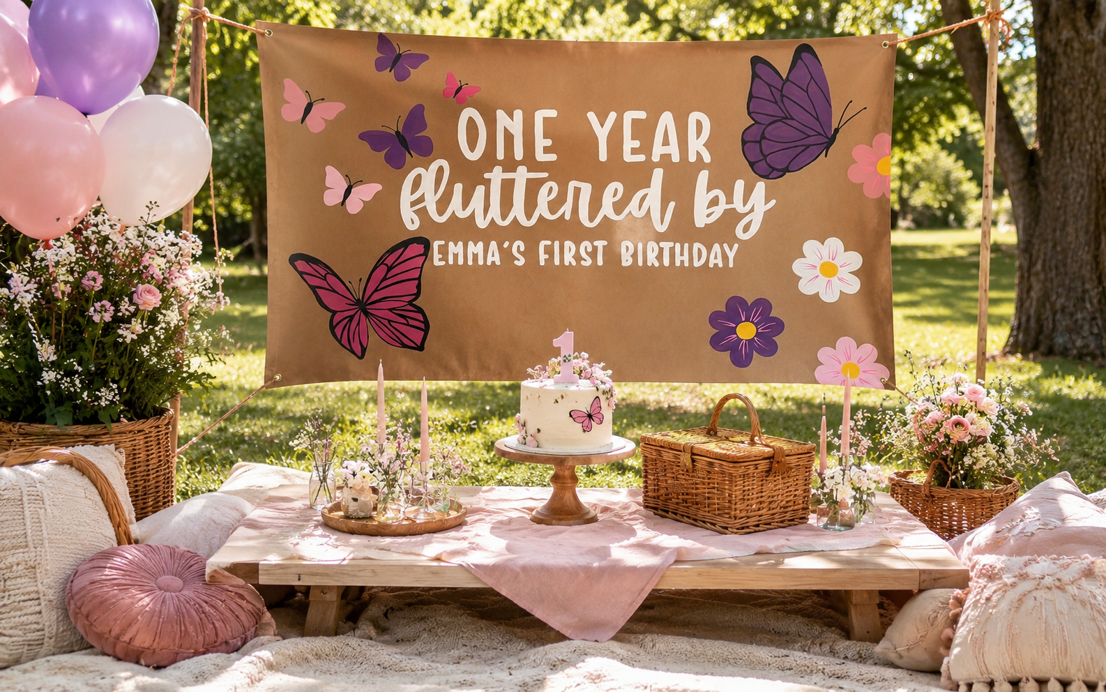 One year flutter by first birthday banner