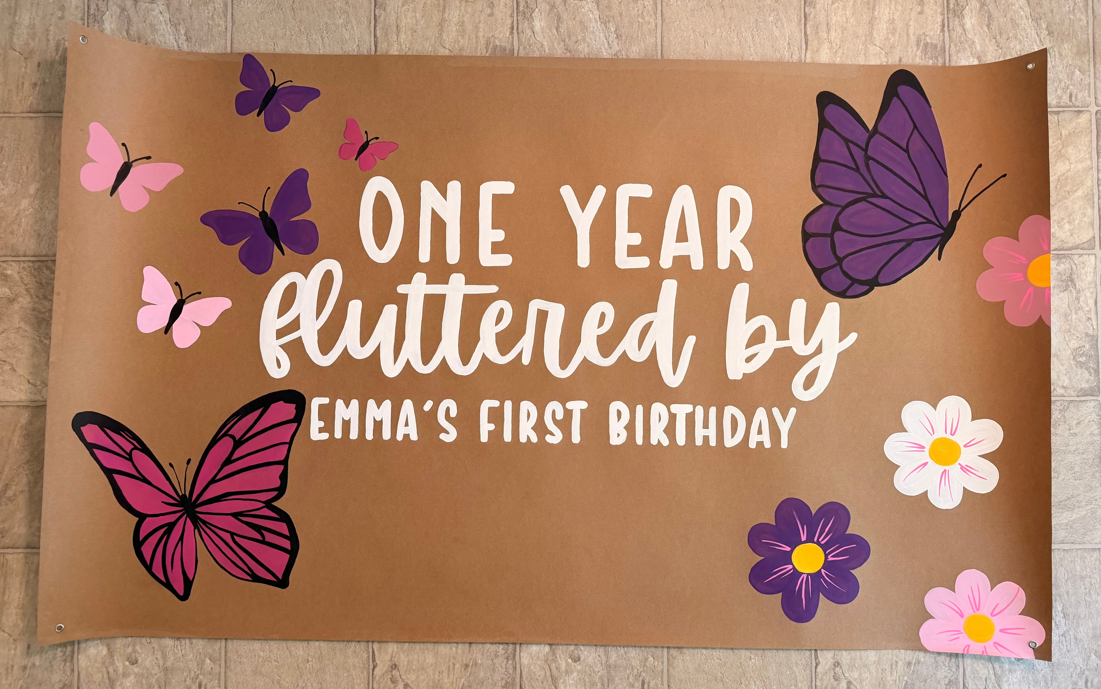 One year flutter by first birthday banner