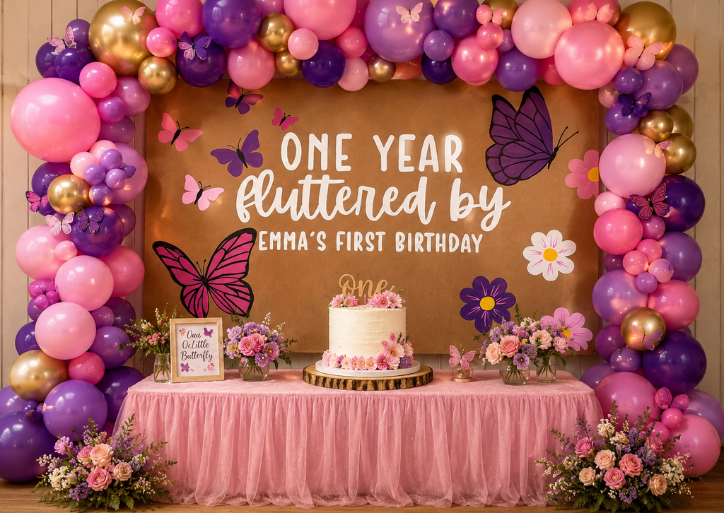 One year flutter by first birthday banner
