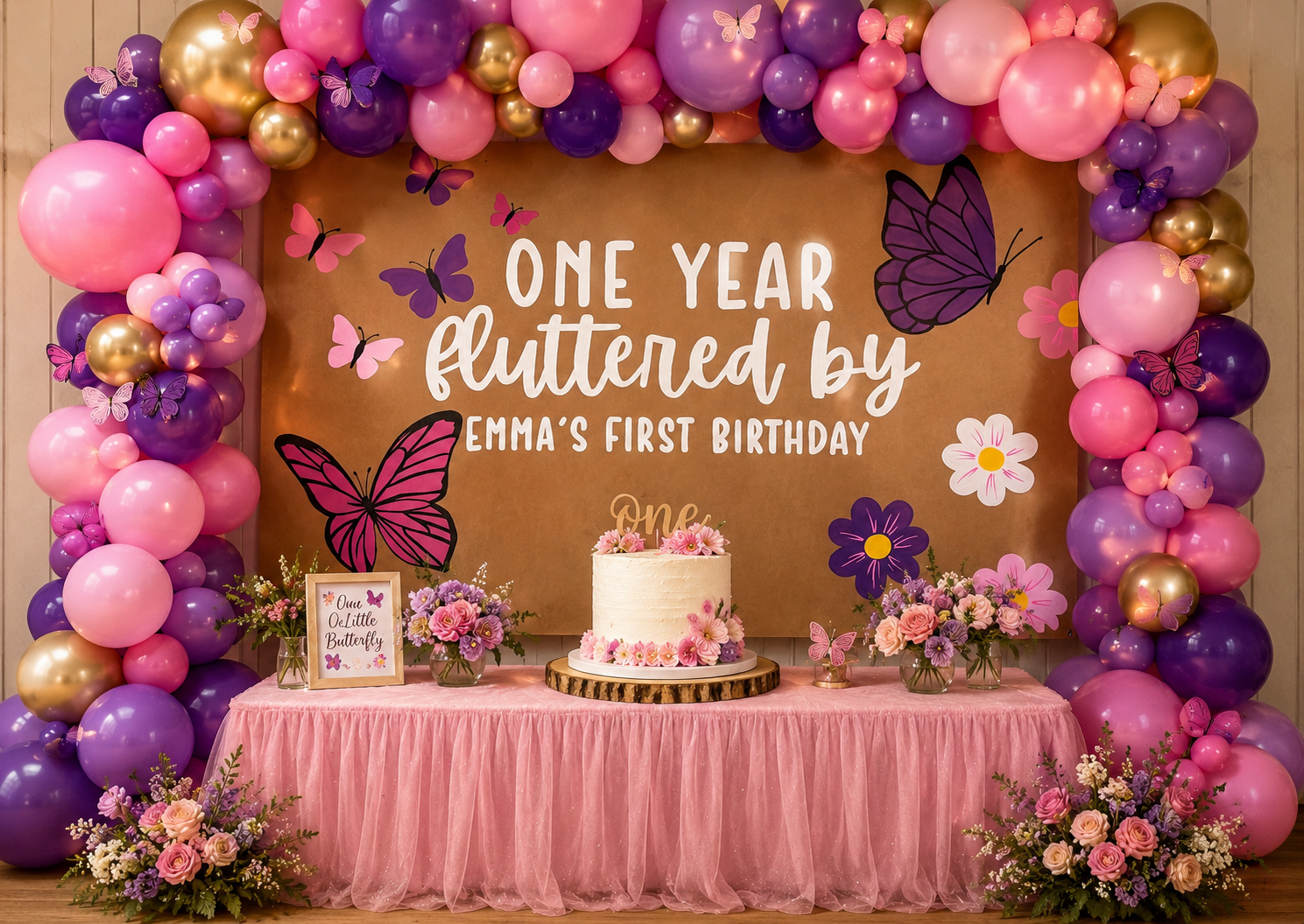 One year flutter by first birthday banner